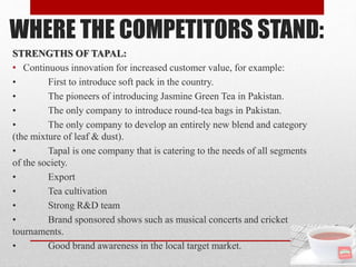 WHERE THE COMPETITORS STAND:
STRENGTHS OF TAPAL:
• Continuous innovation for increased customer value, for example:
• First to introduce soft pack in the country.
• The pioneers of introducing Jasmine Green Tea in Pakistan.
• The only company to introduce round-tea bags in Pakistan.
• The only company to develop an entirely new blend and category
(the mixture of leaf & dust).
• Tapal is one company that is catering to the needs of all segments
of the society.
• Export
• Tea cultivation
• Strong R&D team
• Brand sponsored shows such as musical concerts and cricket
tournaments.
• Good brand awareness in the local target market.
 
