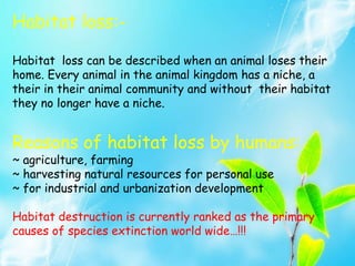 Habitat loss:-
Habitat loss can be described when an animal loses their
home. Every animal in the animal kingdom has a niche, a
their in their animal community and without their habitat
they no longer have a niche.
Reasons of habitat loss by humans:
~ agriculture, farming
~ harvesting natural resources for personal use
~ for industrial and urbanization development
Habitat destruction is currently ranked as the primary
causes of species extinction world wide…!!!
 