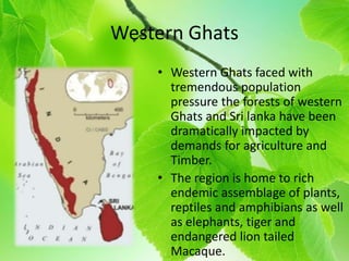 Western Ghats
• Western Ghats faced with
tremendous population
pressure the forests of western
Ghats and Sri lanka have been
dramatically impacted by
demands for agriculture and
Timber.
• The region is home to rich
endemic assemblage of plants,
reptiles and amphibians as well
as elephants, tiger and
endangered lion tailed
Macaque.
 
