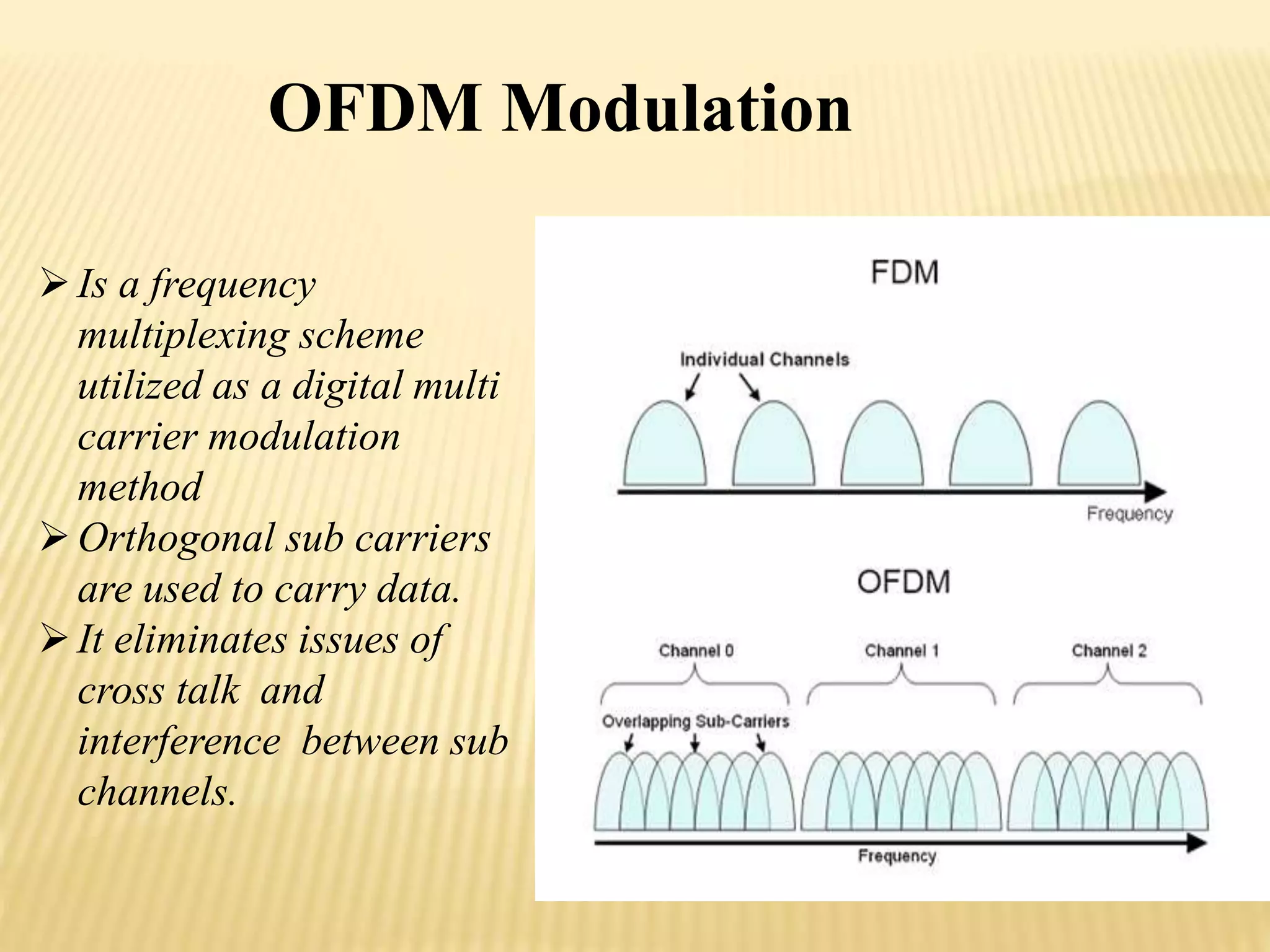 OFDM Modulation 
 Is a frequency 
multiplexing scheme 
utilized as a digital multi 
carrier modulation 
method 
 Orthogonal sub carriers 
are used to carry data. 
 It eliminates issues of 
cross talk and 
interference between sub 
channels. 
 
