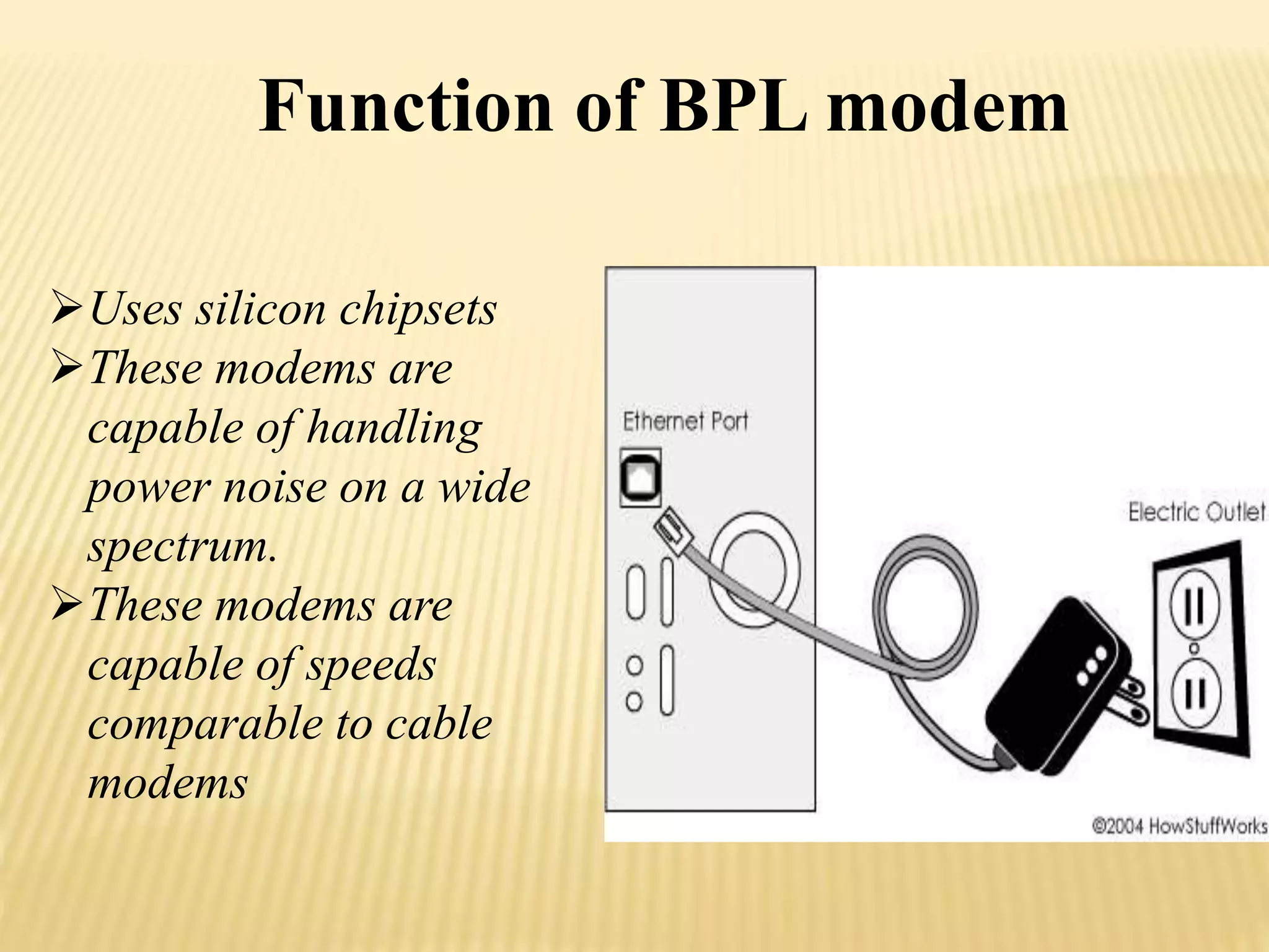 Function of BPL modem 
Uses silicon chipsets 
These modems are 
capable of handling 
power noise on a wide 
spectrum. 
These modems are 
capable of speeds 
comparable to cable 
modems 
 