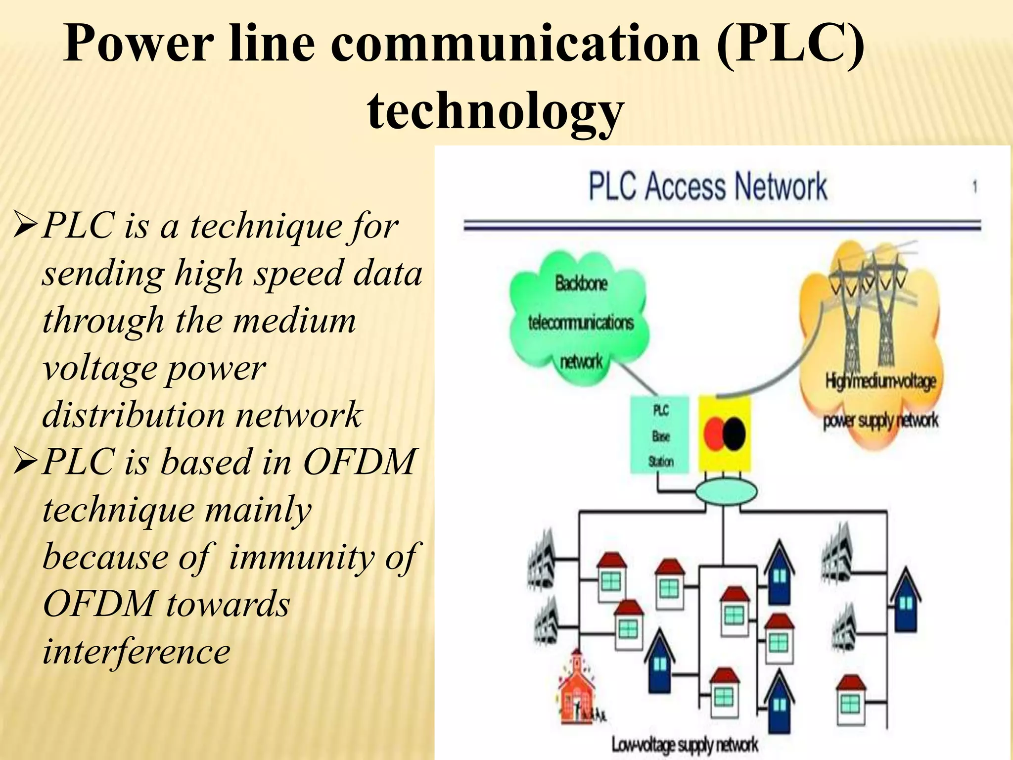 Power line communication (PLC) 
technology 
PLC is a technique for 
sending high speed data 
through the medium 
voltage power 
distribution network 
PLC is based in OFDM 
technique mainly 
because of immunity of 
OFDM towards 
interference 
 