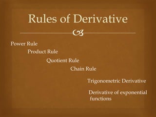 
Product Rule
Rules of Derivative
Quotient Rule
Power Rule
Trigonometric Derivative
Derivative of exponential
functions
Chain Rule
 