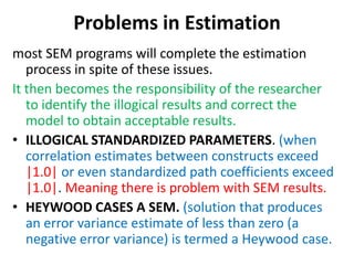 Problems in Estimation
most SEM programs will complete the estimation
   process in spite of these issues.
It then becomes the responsibility of the researcher
   to identify the illogical results and correct the
   model to obtain acceptable results.
• ILLOGICAL STANDARDIZED PARAMETERS. (when
   correlation estimates between constructs exceed
   |1.0| or even standardized path coefficients exceed
   |1.0|. Meaning there is problem with SEM results.
• HEYWOOD CASES A SEM. (solution that produces
   an error variance estimate of less than zero (a
   negative error variance) is termed a Heywood case.
 