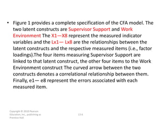 • Figure 1 provides a complete specification of the CFA model. The
  two latent constructs are Supervisor Support and Work
  Environment The X1—X8 represent the measured indicator
  variables and the Lx1— Lx8 are the relationships between the
  latent constructs and the respective measured items (i.e., factor
  loadings).The four items measuring Supervisor Support are
  linked to that latent construct, the other four items to the Work
  Environment construct The curved arrow between the two
  constructs denotes a correlational relationship between them.
  Finally, e1— e8 represent the errors associated with each
  measured item.



 Copyright © 2010 Pearson
 Education, Inc., publishing as   13-6
 Prentice-Hall.
 