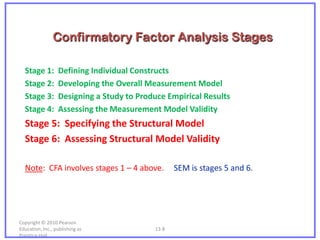 Confirmatory Factor Analysis Stages

  Stage 1:        Defining Individual Constructs
  Stage 2:        Developing the Overall Measurement Model
  Stage 3:        Designing a Study to Produce Empirical Results
  Stage 4:        Assessing the Measurement Model Validity
  Stage 5: Specifying the Structural Model
  Stage 6: Assessing Structural Model Validity

  Note: CFA involves stages 1 – 4 above.          SEM is stages 5 and 6.




Copyright © 2010 Pearson
Education, Inc., publishing as             13-8
Prentice-Hall.
 