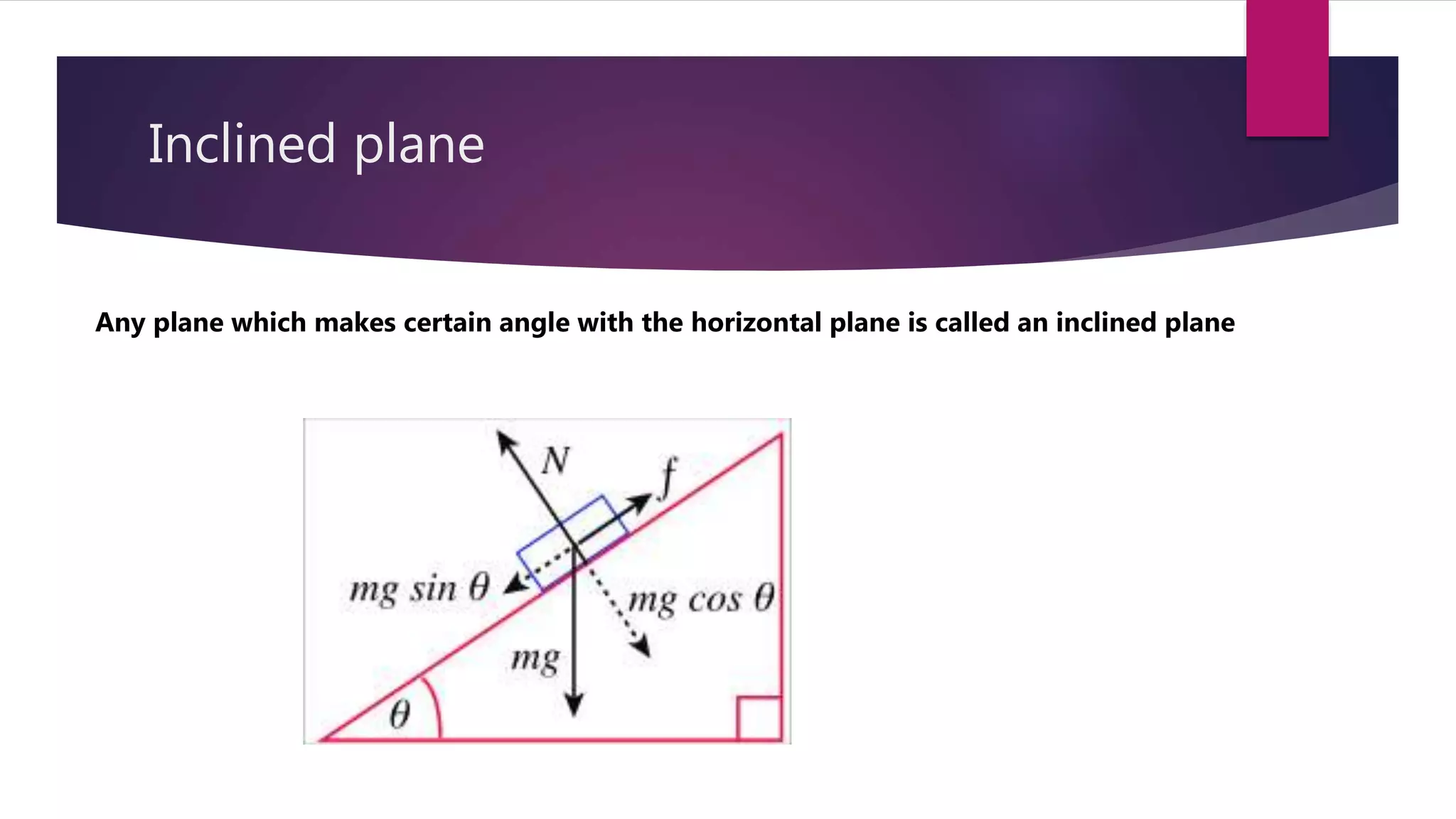 Inclined plane
Any plane which makes certain angle with the horizontal plane is called an inclined plane
 