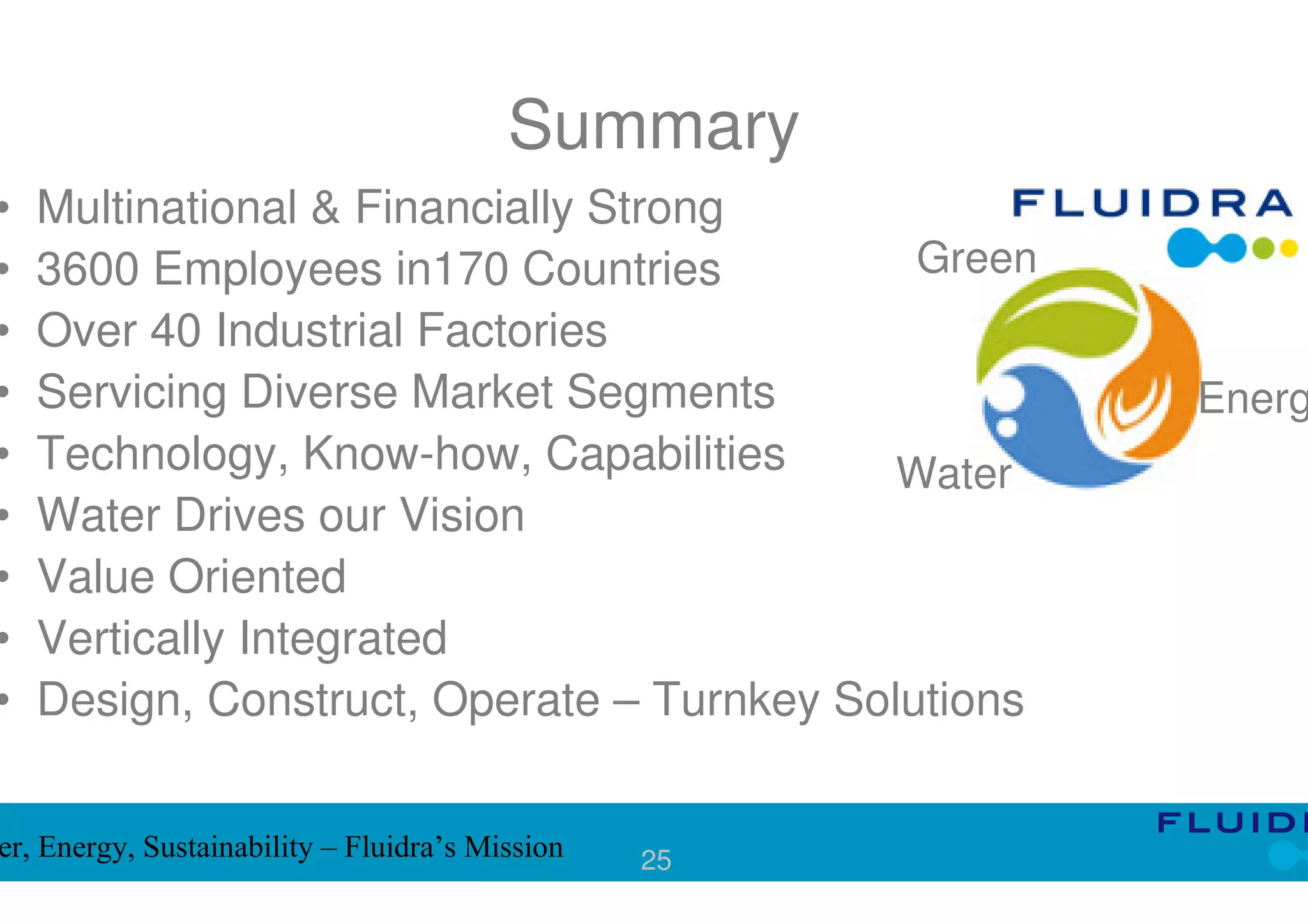 Summary
•   Multinational & Financially Strong
•   3600 Employees in170 Countries           Green
•   Over 40 Industrial Factories
•   Servicing Diverse Market Segments                 Energ
•   Technology, Know-how, Capabilities      Water
•   Water Drives our Vision
•   Value Oriented
•   Vertically Integrated
•   Design, Construct, Operate – Turnkey Solutions


er, Energy, Sustainability – Fluidra’s Mission   25
 