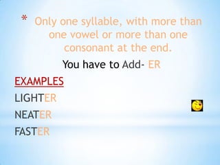 *   Only one syllable, with more than
       one vowel or more than one
           consonant at the end.
          You have to Add- ER
EXAMPLES
LIGHTER
NEATER
FASTER
 