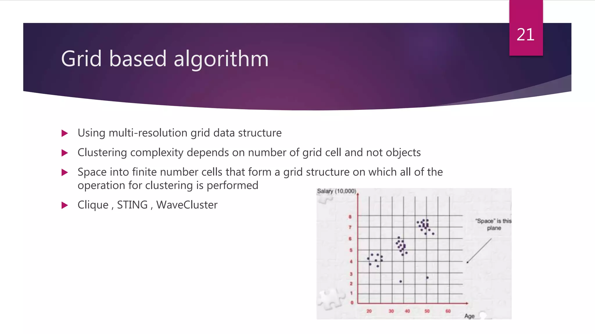 Grid based algorithm
 Using multi-resolution grid data structure
 Clustering complexity depends on number of grid cell and not objects
 Space into finite number cells that form a grid structure on which all of the
operation for clustering is performed
 Clique , STING , WaveCluster
21
 