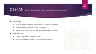 DBSCAN (Density-Based Spatial Clustering of Applications with Noise)
 Advantage
 Does not require a-priori specification of number of clusters.
 Able to identify noise data while clustering.
 is able to find arbitrarily size and arbitrarily shaped clusters
 Disadvantage
 Fails in case of neck type of dataset.
 Does not work well in case of high dimensional data
20
 