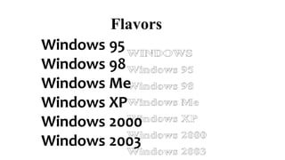 Windows 95
Windows 98
Windows Me
Windows XP
Windows 2000
Windows 2003
Flavors
 