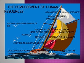 THE DEVELOPMENT OF HUMAN
RESOURCES           ORGANIZATION & HUMAN RESOURCES

                                      HUMAN RESOURCE
                                     MANAGEMENT

 GROWTH AND DEVELOPMENT OF
 HR
                         ROLE OF HR IN THE NEW MILLENIUM
                     ROLE OF THE PERSONNEL & HUMAN RESOURCE
              MANAGER
                         PERSONAL QUALITIES OF THE HR MANAGER

       CONTRIBUTING GROWTH FACTORS


  CHALLENGES OF HUMAN RESOURCES, PROBLEMS & DIFFICULTIES OF THE
  HUMAN RESOURCE MANAGER, CHANGING IMAGE OF THE HUMAN
  RESOURCE MANAGER
 