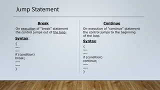 Jump Statement
Break
On execution of “break” statement
the control jumps out of the loop.
Syntax:
{
—-
—-
if (condition)
break;
—–
—–
}
Continue
On execution of “continue” statement
the control jumps to the beginning
of the loop.
Syntax:
{
—-
—-
if (condition)
continue;
—–
—–
}
 