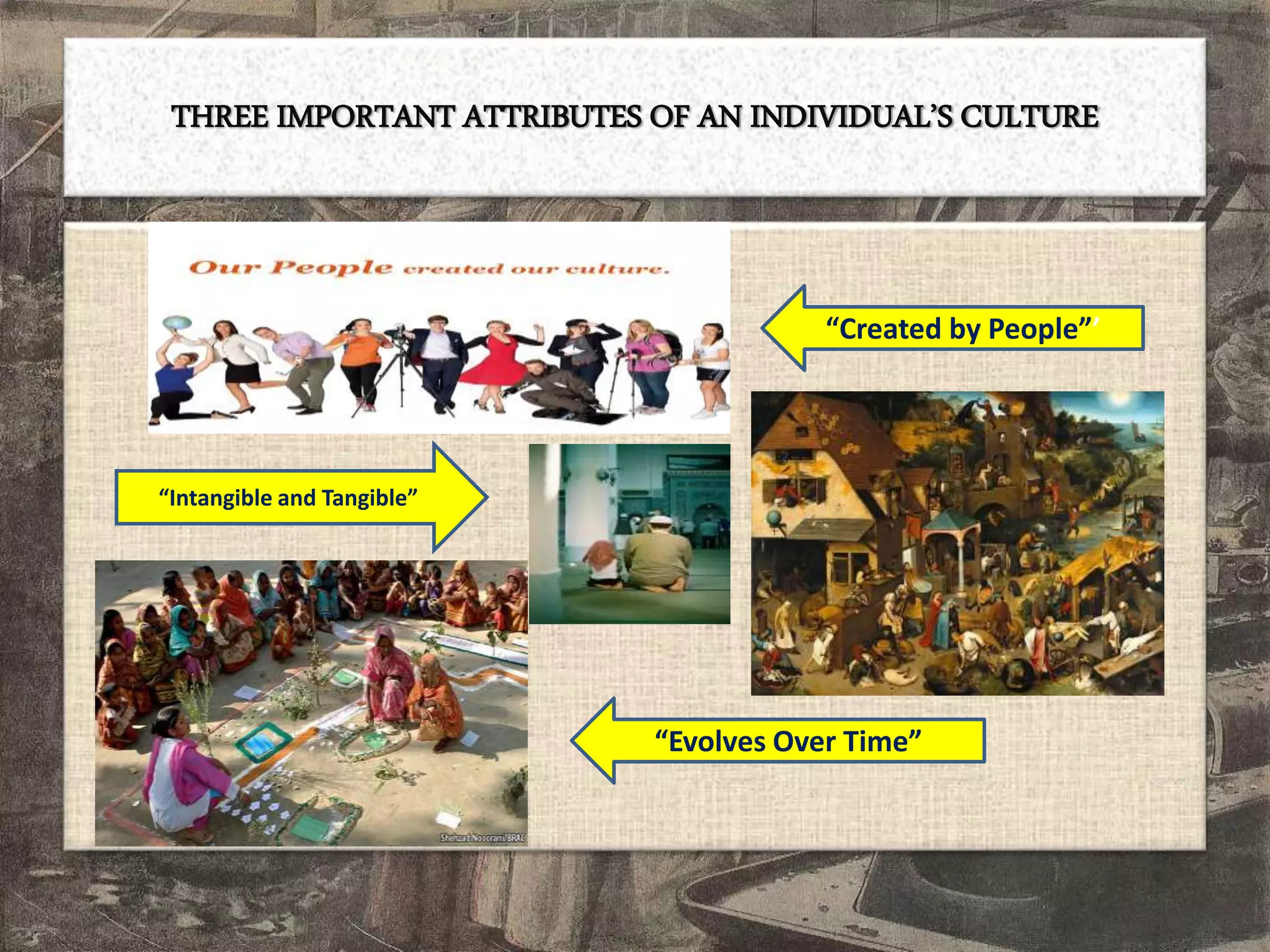 THREE IMPORTANT ATTRIBUTES OF AN INDIVIDUAL’S CULTURE
“Intangible and Tangible”
“Created by People”’
“Evolves Over Time”
 