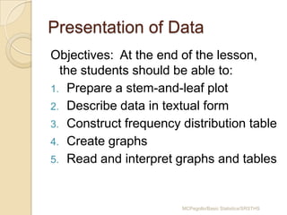 Presentation of Data
Objectives: At the end of the lesson,
the students should be able to:
1. Prepare a stem-and-leaf plot
2. Describe data in textual form
3. Construct frequency distribution table
4. Create graphs
5. Read and interpret graphs and tables

MCPegollo/Basic Statistics/SRSTHS

 