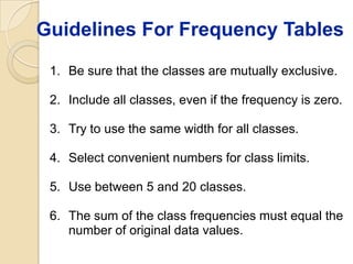 Guidelines For Frequency Tables

 1. Be sure that the classes are mutually exclusive.

 2. Include all classes, even if the frequency is zero.

 3. Try to use the same width for all classes.

 4. Select convenient numbers for class limits.

 5. Use between 5 and 20 classes.

 6. The sum of the class frequencies must equal the
    number of original data values.
 