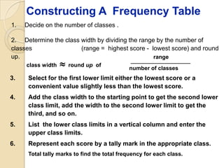Constructing A Frequency Table
1.   Decide on the number of classes .

2. Determine the class width by dividing the range by the number of
classes                (range = highest score - lowest score) and round
up.                                               range
     class width      round up of
                                             number of classes
3.    Select for the first lower limit either the lowest score or a
      convenient value slightly less than the lowest score.
4.    Add the class width to the starting point to get the second lower
      class limit, add the width to the second lower limit to get the
      third, and so on.
5.    List the lower class limits in a vertical column and enter the
      upper class limits.
6.    Represent each score by a tally mark in the appropriate class.
      Total tally marks to find the total frequency for each class.
 
