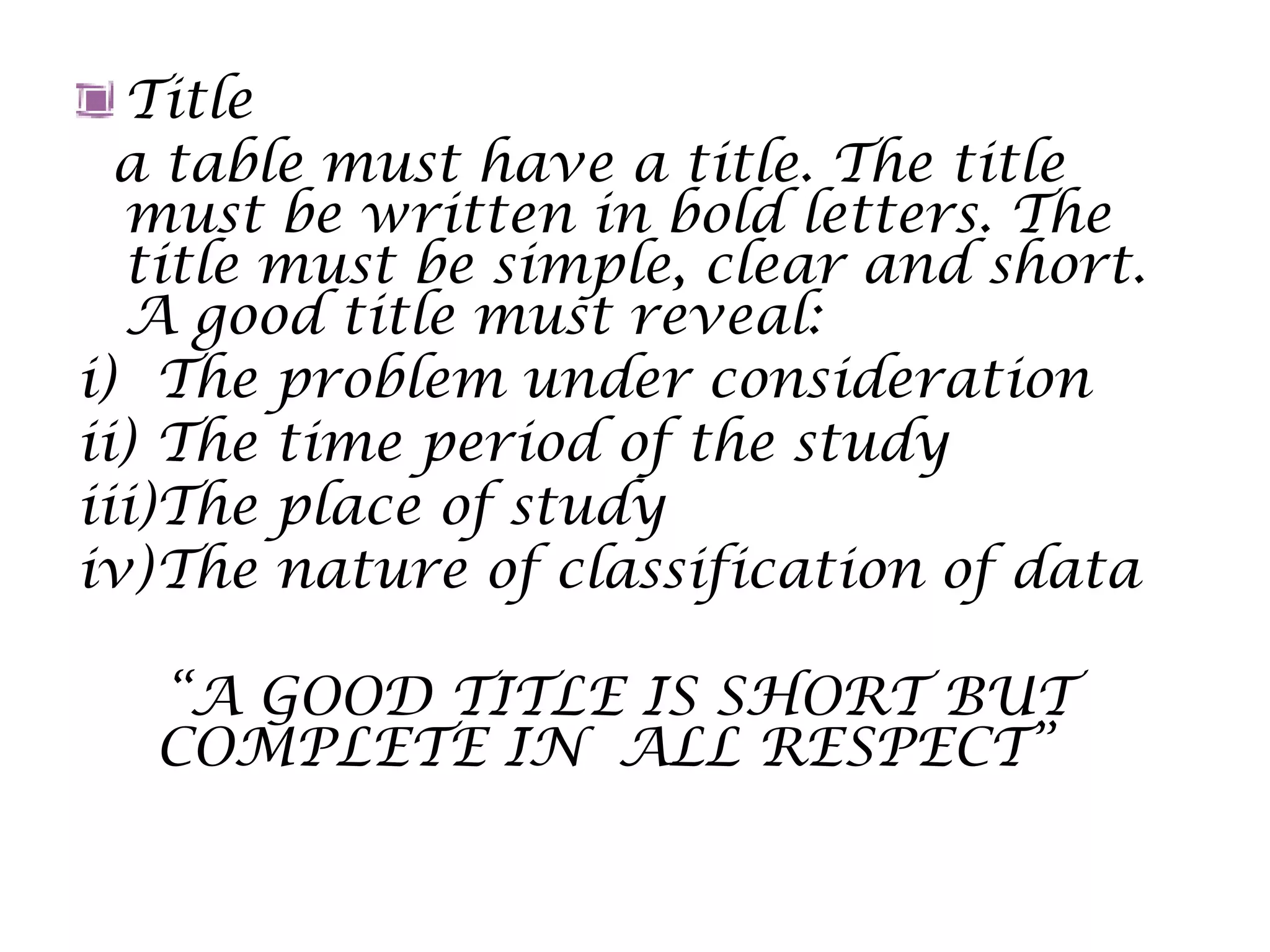 Title
a table must have a title. The title
must be written in bold letters. The
title must be simple, clear and short.
A good title must reveal:
i) The problem under consideration
ii) The time period of the study
iii)The place of study
iv)The nature of classification of data
“A GOOD TITLE IS SHORT BUT
COMPLETE IN ALL RESPECT”
 