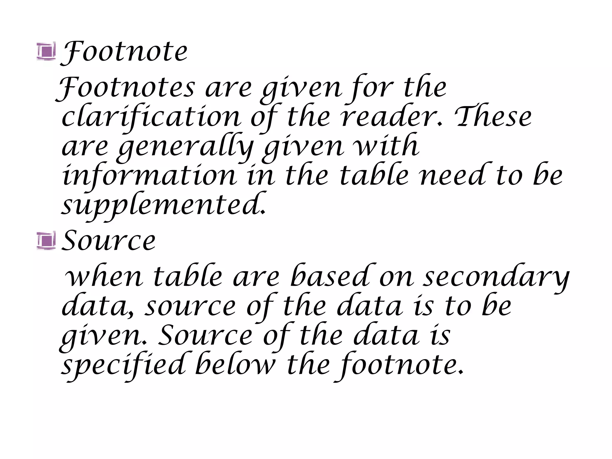 Footnote
Footnotes are given for the
clarification of the reader. These
are generally given with
information in the table need to be
supplemented.
Source
when table are based on secondary
data, source of the data is to be
given. Source of the data is
specified below the footnote.
 