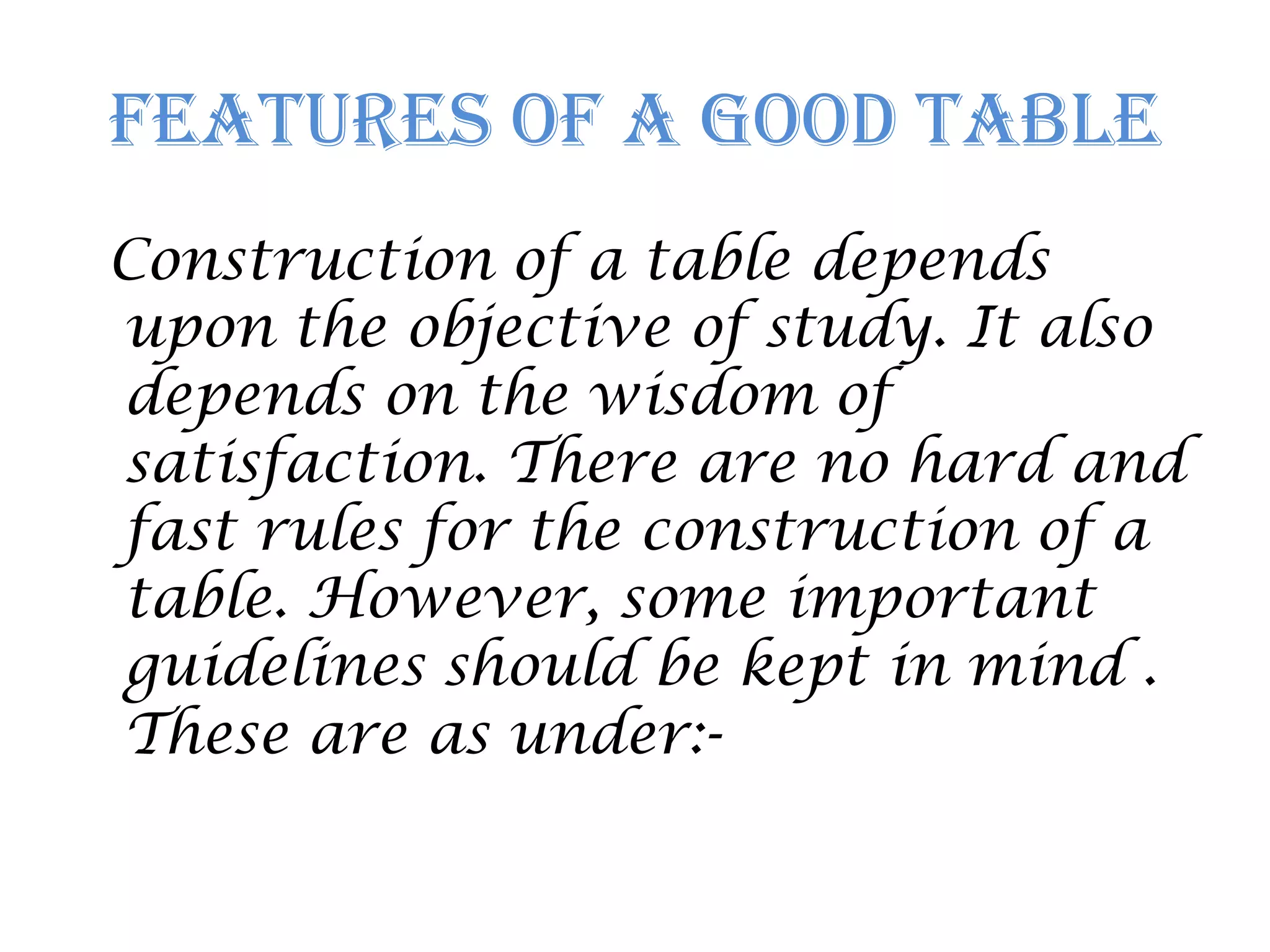 Features of a good table
Construction of a table depends
upon the objective of study. It also
depends on the wisdom of
satisfaction. There are no hard and
fast rules for the construction of a
table. However, some important
guidelines should be kept in mind .
These are as under:-
 