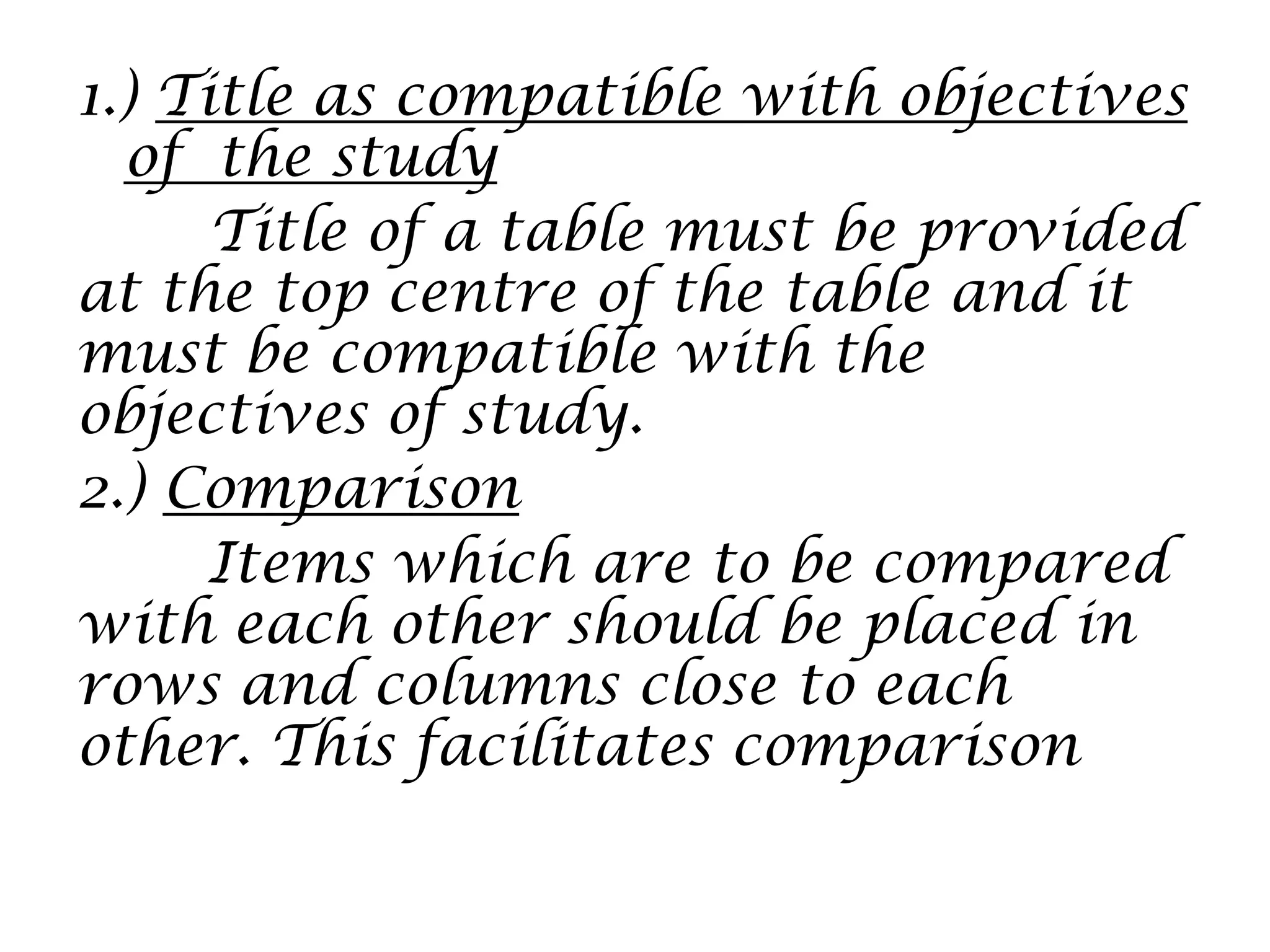 1.) Title as compatible with objectives
of the study
Title of a table must be provided
at the top centre of the table and it
must be compatible with the
objectives of study.
2.) Comparison
Items which are to be compared
with each other should be placed in
rows and columns close to each
other. This facilitates comparison
 