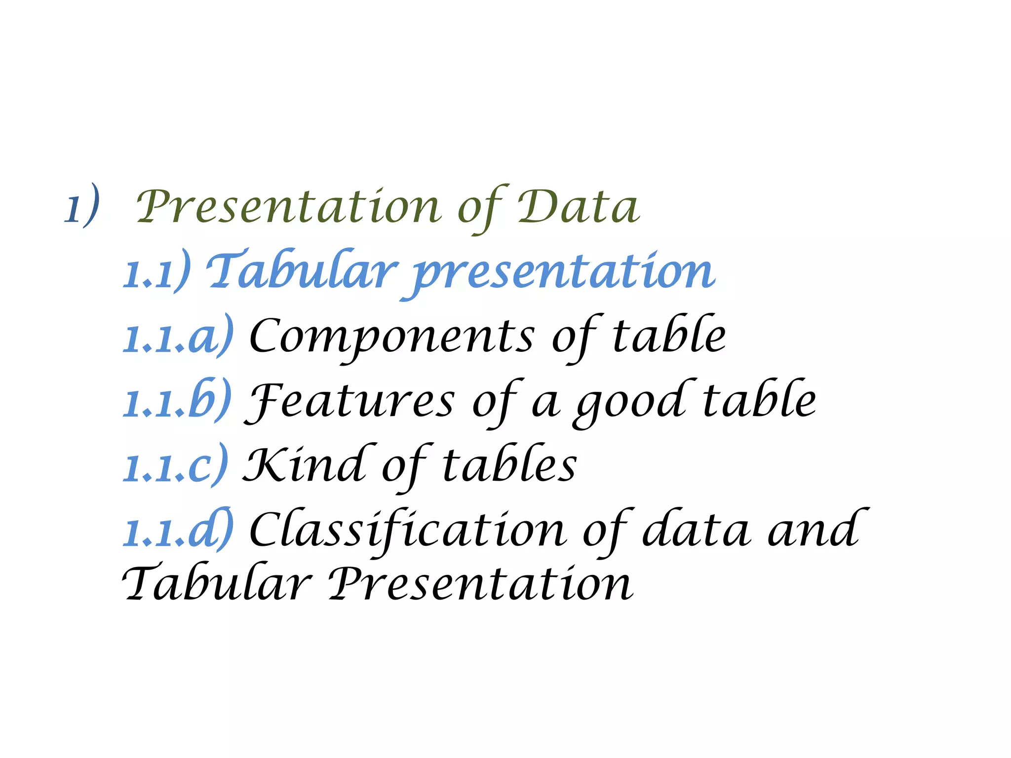 1) Presentation of Data
1.1) Tabular presentation
1.1.a) Components of table
1.1.b) Features of a good table
1.1.c) Kind of tables
1.1.d) Classification of data and
Tabular Presentation
 