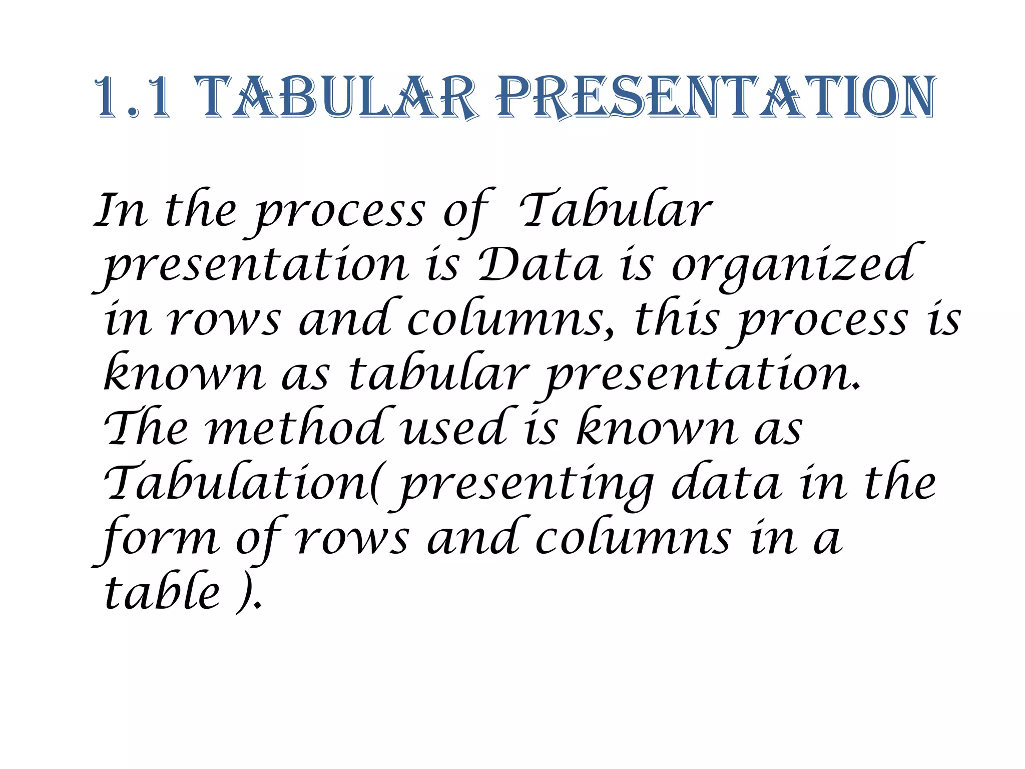1.1 Tabular Presentation
In the process of Tabular
presentation is Data is organized
in rows and columns, this process is
known as tabular presentation.
The method used is known as
Tabulation( presenting data in the
form of rows and columns in a
table ).
 