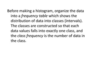 Before making a histogram, organize the data
into a frequency table which shows the
distribution of data into classes (intervals).
The classes are constructed so that each
data values falls into exactly one class, and
the class frequency is the number of data in
the class.
 