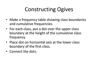 Constructing Ogives
• Make a frequency table showing class boundaries
and cumulative frequencies.
• For each class, put a dot over the upper class
boundary at the height of the cumulative class
frequency.
• Place dot on horizontal axis at the lower class
boundary of the first class.
• Connect the dots.
 