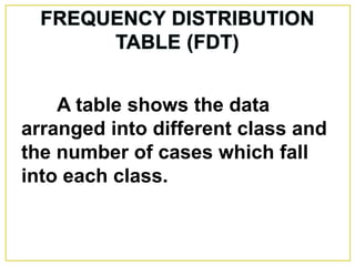 A table shows the data
arranged into different class and
the number of cases which fall
into each class.
 
