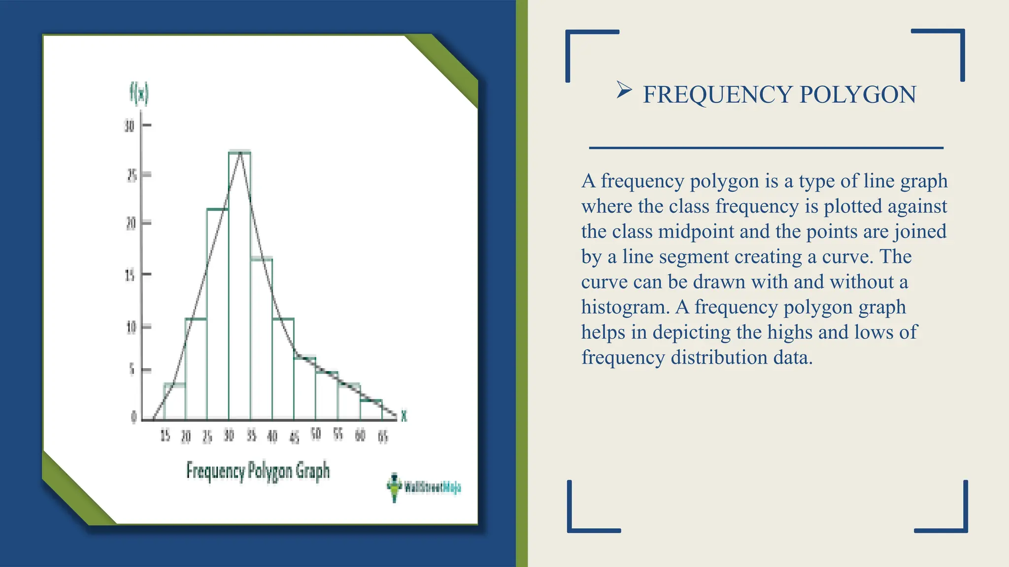  FREQUENCY POLYGON
A frequency polygon is a type of line graph
where the class frequency is plotted against
the class midpoint and the points are joined
by a line segment creating a curve. The
curve can be drawn with and without a
histogram. A frequency polygon graph
helps in depicting the highs and lows of
frequency distribution data.
 