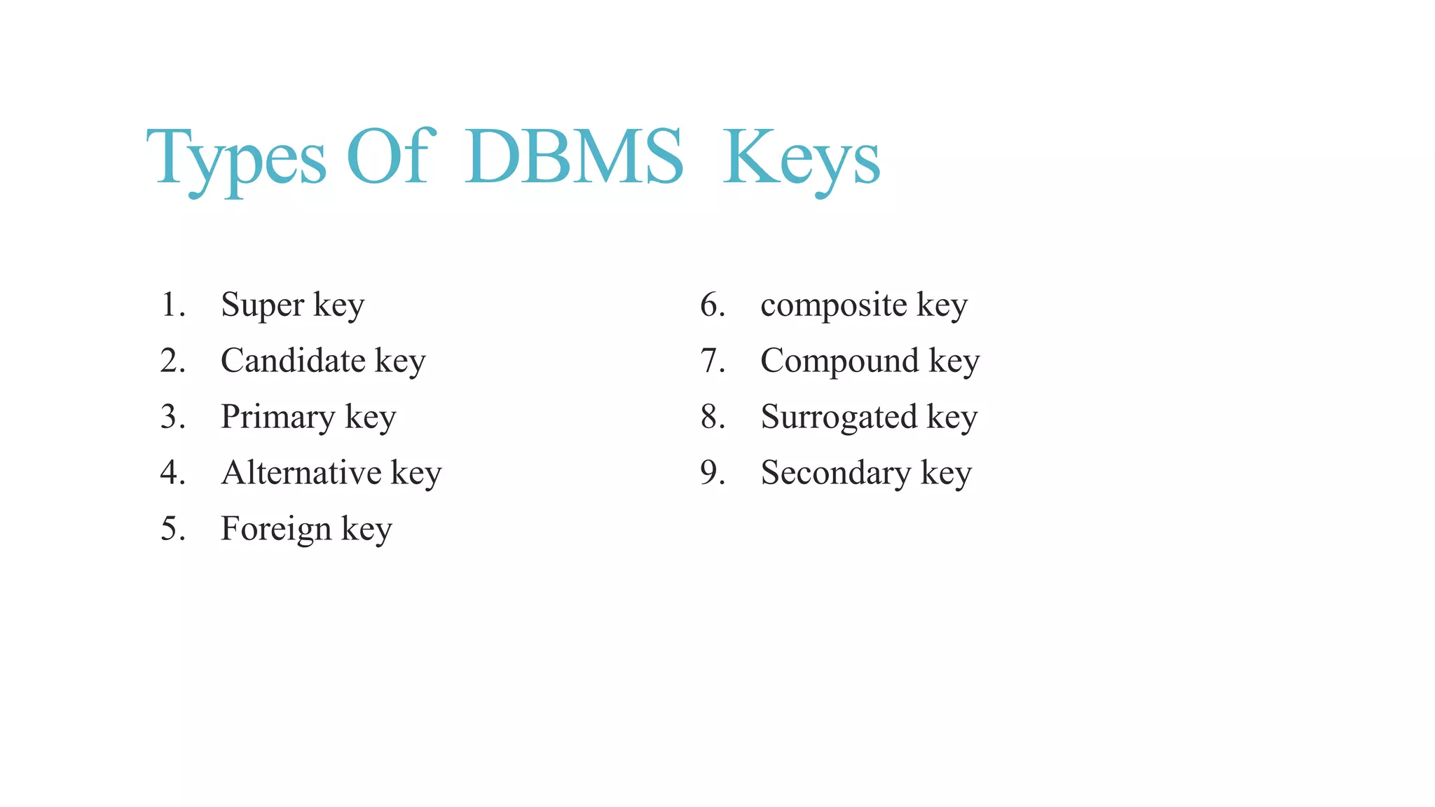 Types Of DBMS Keys
1. Super key
2. Candidate key
3. Primary key
4. Alternative key
5. Foreign key
6. composite key
7. Compound key
8. Surrogated key
9. Secondary key
 