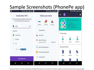 Sample Screenshots (PhonePe app)
Screenshot taken from http://www.bgr.in/news/unified-payments-interface-heres-how-to-register-send-and-receive-money-using-upi-apps/
 