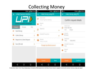 Collecting Money
Screenshot taken from http://www.bgr.in/news/unified-payments-interface-heres-how-to-register-send-and-receive-money-using-upi-apps/
 
