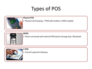 Types of POS
Physical POS
• Physical Card Swiping – PTSN with landline / GPRS enabled
MPOS
• Phone connected with external POS device through jack / Bluetooth
V-POS
• Virtual E-payment Gateway
 