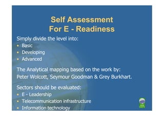 Self Assessment
               For E - Readiness
Simply divide the level into:
• Basic
• Developing
• Advanced

The Analytical mapping based on the work by:
Peter Wolcott, Seymour Goodman & Grey Burkhart.

Sectors should be evaluated:
• E - Leadership
• Telecommunication infrastructure
• Information technology
 