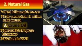 2. Natural Gas
885.3 billion cubic meters
Daily production 19 million
cubic meters
3. Crude Oil
Covers 122.67 square
kilometres
322 Barrels Of Oil
 