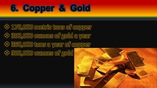 6. Copper & Gold
 170,000 metric tons of copper
 300,000 ounces of gold a year
 350,000 tons a year of copper
 900,000 ounces of gold
 