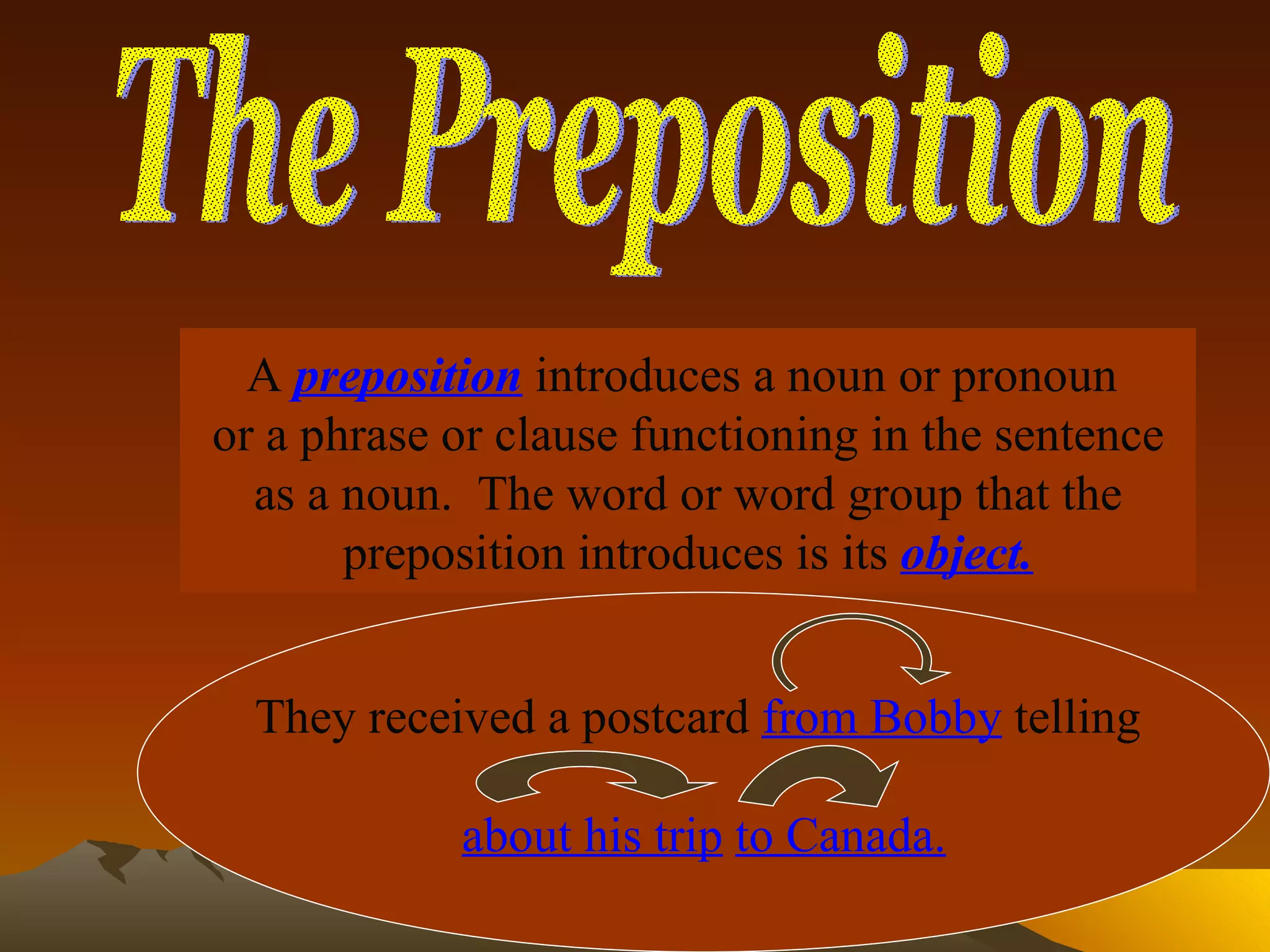 A   preposition   introduces a noun or pronoun  or a phrase or clause functioning in the sentence as a noun.  The word or word group that the preposition introduces is its   object. They received a postcard   from Bobby   telling  about his trip   to Canada. The Preposition 