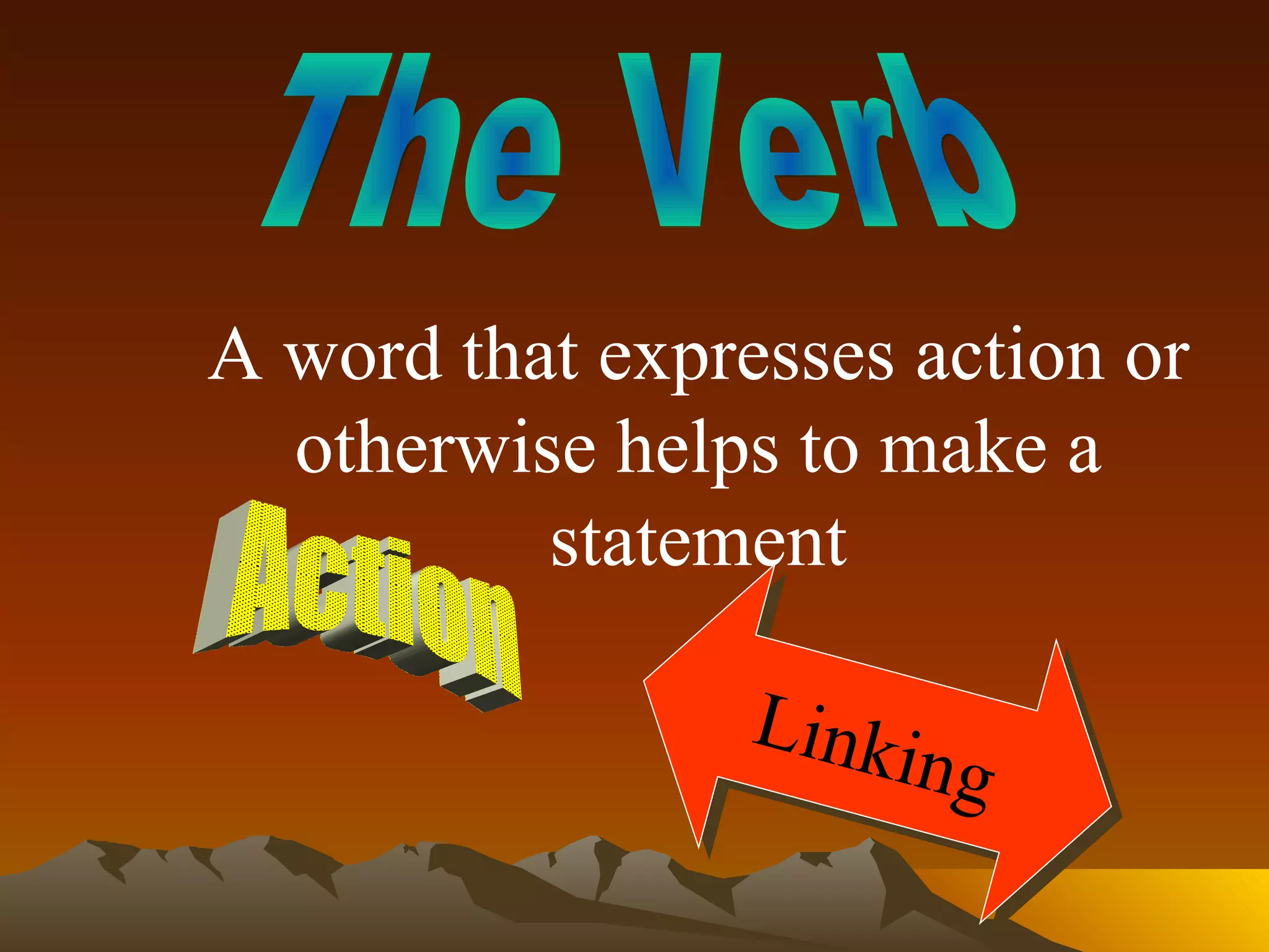 The Verb A word that expresses action or otherwise helps to make a statement Linking Action 
