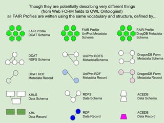 XML
Data Record
XMLS
Data Schema
DCAT RDF
Metadata Record
RDF
Data Record
RDFS
Data Schema
UniProt RDF
Metadata Record
ACEDB
Data Record
ACEDB
Data Schema
DragonDB Form
Metadata Record
DCAT
RDFS Schema
UniProt RDFS
MetadataSchema
DragonDB Form
Metadata Schema
FAIR Profile of
DCAT Schema
FAIR Profile of
UniProt Metadata
Schema
FAIR Profile of
DragDB Metadata
Schema
What FAIR Profiles do
 