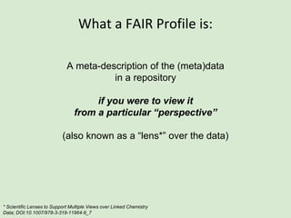 What a FAIR Profile is:
A meta-description of the (meta)data
in a repository
What a FAIR Profile is NOT:
THE meta-description of the (meta)data
in a repository
 