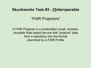 What a FAIR Profile is:
A meta-description of the (meta)data
in a repository
if you were to view it
from a particular “perspective”
(also known as a “lens” over the data)
 