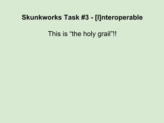 Skunkworks Task #3 - [I]nteroperable
This is “the holy grail”!!
This is where the FAIR Profile reveals its utility
“what i...