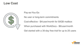 Low Cost
Pay-as-You-Go
No user or long-term commitments
Cost-effective - $4/user/month for 50GB mailbox
When purchased with WorkDocs - $6/user/month
Get started with a 30-day free trial for up to 25 users
 