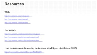 Web
http://aws.amazon.com/workspaces
http://aws.amazon.com/workmail
http://aws.amazon.com/workdocs
Documents
http://aws.amazon.com/documentation/workspaces
http://aws.amazon.com/documentation/workmail
http://aws.amazon.com/documentation/workdocs
How Amazon.com is moving to Amazon WorkSpaces (re:Invent 2015)
https://www.youtube.com/watch?v=kawZBGCLBJU
Resources
 