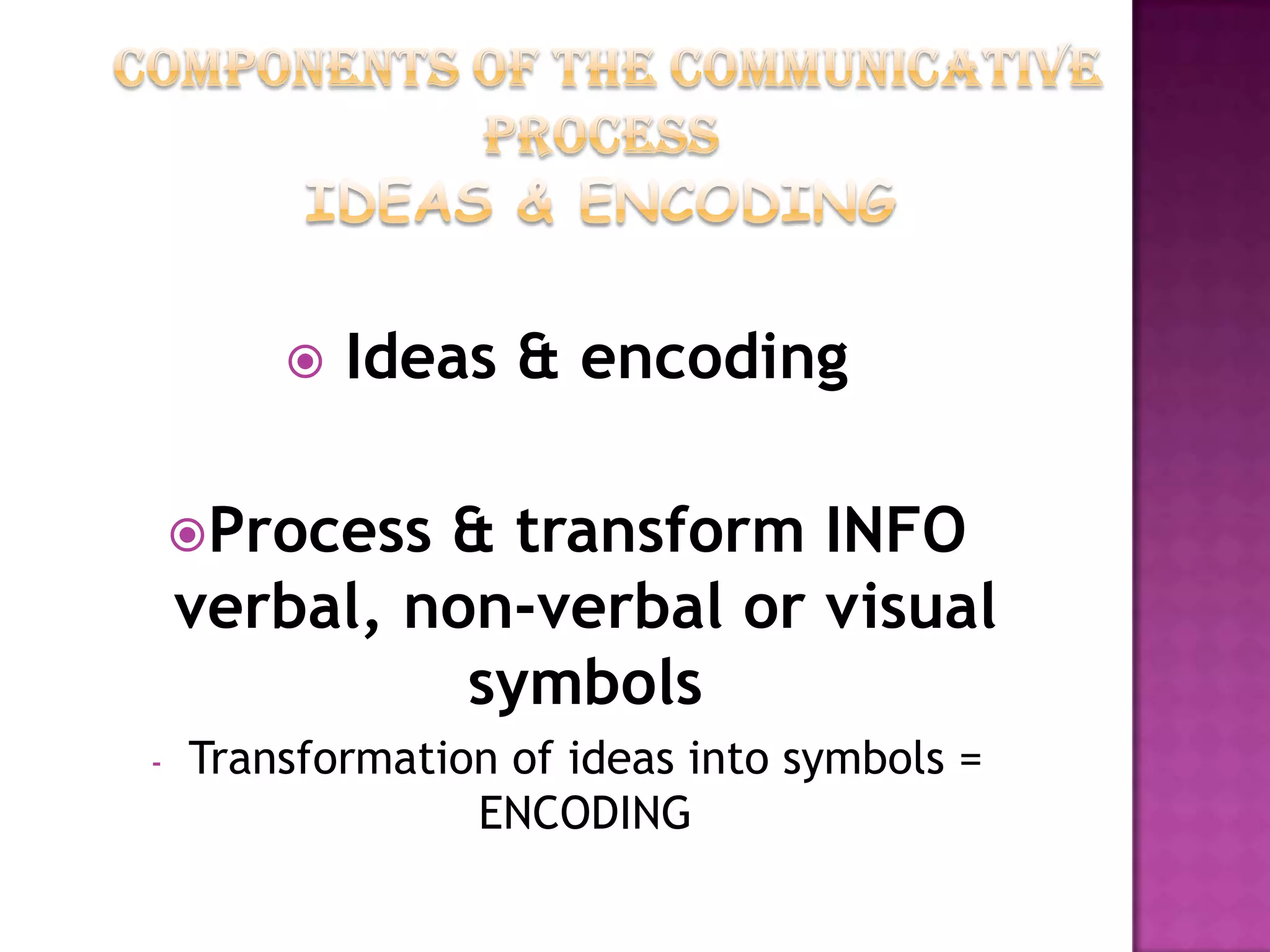 

Ideas & encoding

Process

& transform INFO
verbal, non-verbal or visual
symbols

-

Transformation of ideas into symbols =
ENCODING

 