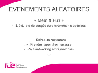 EVENEMENTS ALEATOIRES
« Meet & Fun »
• L’été, lors de congés ou d’évènements spéciaux
- Soirée au restaurant
- Prendre l’apéritif en terrasse
- Petit networking entre membres
…
 