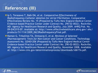 Ip S, Terasawa T, Balk EM, et al.  Comparative Effectiveness of Radiofrequency Catheter Ablation for Atrial Fibrillation . Comparative Effectiveness Review No. 15 (Prepared by Tufts –New England  Medical Center Evidence-based Practice Center under Contract No. 290-02-0022). Rockville, MD: Agency for Healthcare Research and Quality, July 2009. AHRQ Pub. No. 09-EHC015-EF. Available at: http://www.effectivehealthcare.ahrq.gov/ ehc/products/51/114/2009_0623RadiofrequencyFinal.pdf. Raman G, Trikalinos TA, Zintzaras E, et al.  Reviews of Selected Pharmacogenetic Tests for Non-Cancer and Cancer Conditions . Technology Assessment No. GEND1206 (Prepared by Tufts – New England Medical Center Evidence-based Practice Center under Contract No. 290-02-0022). Rockville, MD: Agency for Healthcare Research and Quality, November 2008. Available at: http://www.cms.gov/determinationprocess/downloads/id61TA.pdf. References (III) 